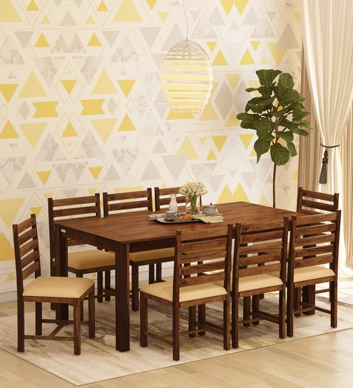 Buy Oriel Solid Wood 8 Seater Dining Set With Cushioned Chairs In