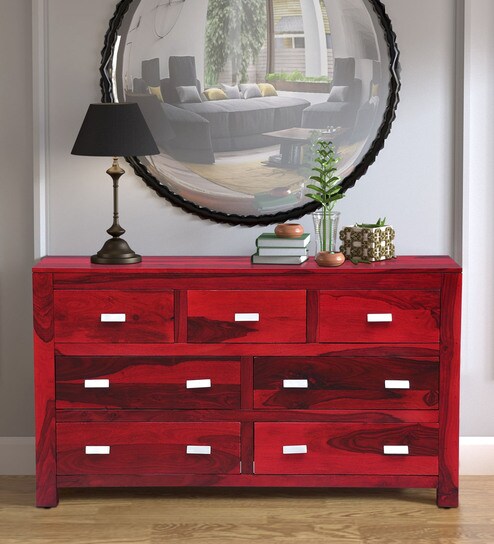 Buy Oriel Solid Wood Chest Of Drawers In Spicy Red Finish By