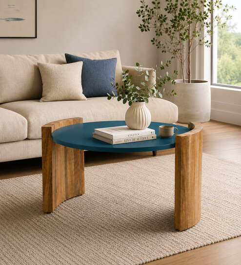 Orio Solid Wood Coffee Table In Natural Finish With Blue Fiber Top