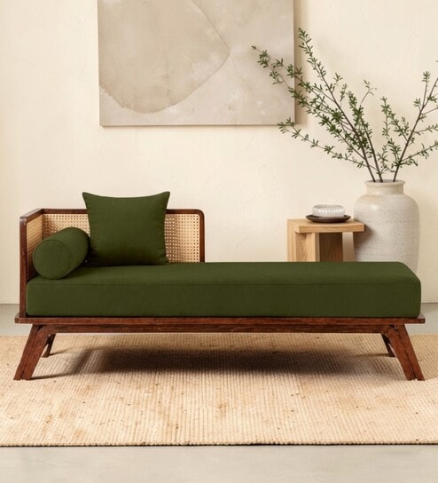 Orion Rattan Sheesham Wood Chaise Lounger In Green Color