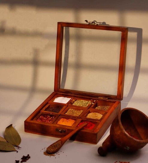 Brown Sheesham Wood 9 Compartments Spice Box