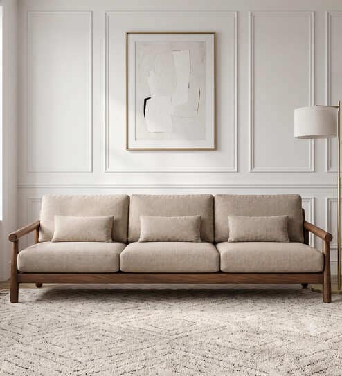 Orsen Sculpted Wood 3 Seater Sofa In Beige Colour Orsen Sculpted Wood 3 Seater Sofa In Beige Colour