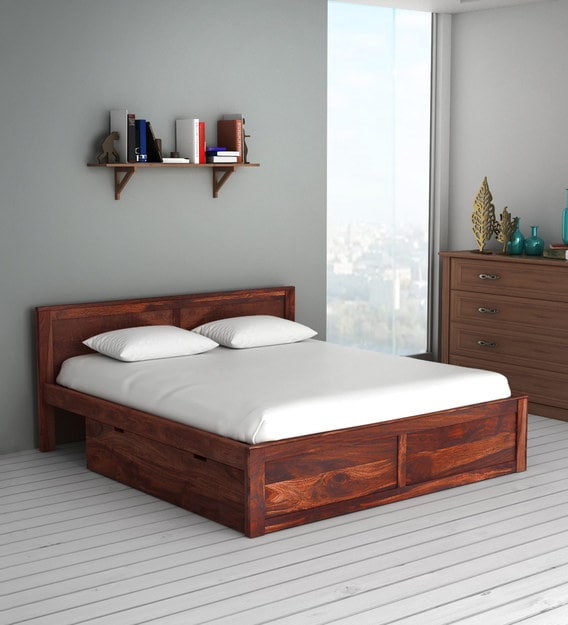 Buy Oriel Solid Wood King Size Bed with Storage in Honey oak Finish Woodsworth By Pepperfry