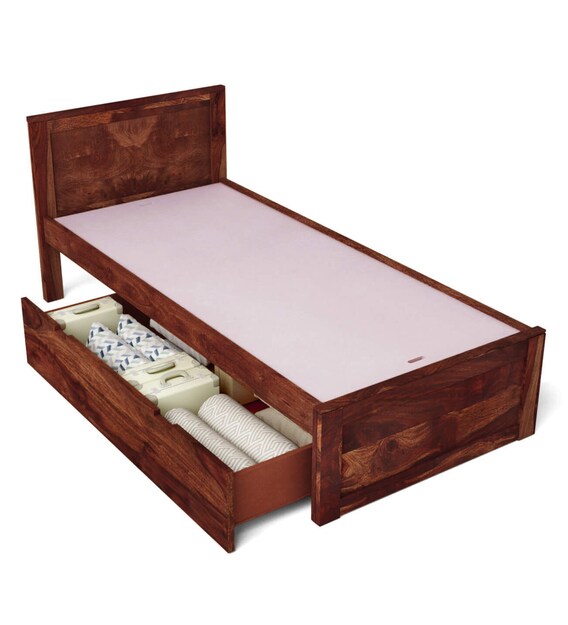 Buy Oriel Solid Wood Single Bed with Drawer Storage in Honey oak Finish