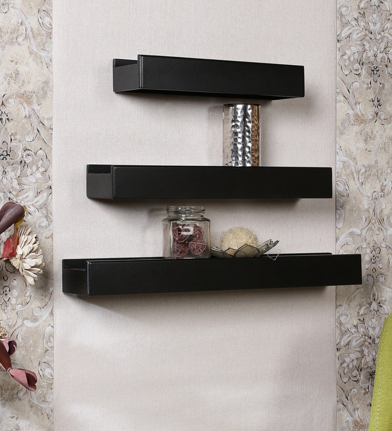 Buy Set of 3 Engineered Wood Floating Wall Shelf in Black Colour by Home Sparkle Online Modern