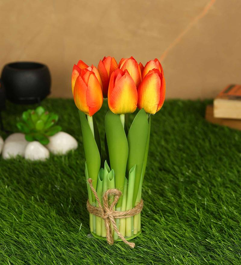 Buy Orange Fabric Stunning Artificial Tulip Flower Bunch with Base by