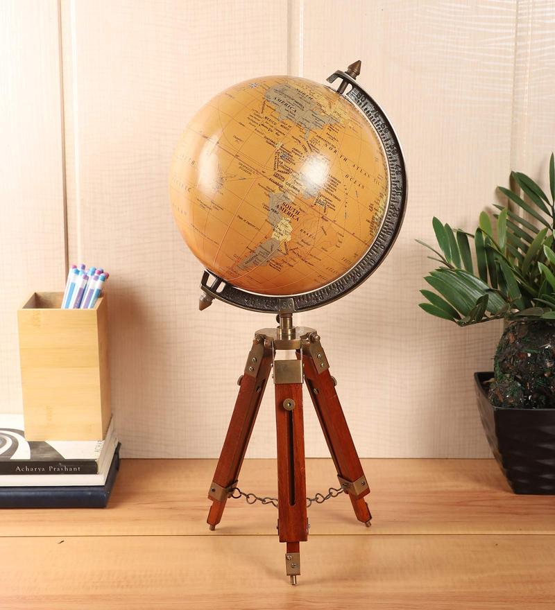 Orange Plastic Globe With Wooden Tripod Stand