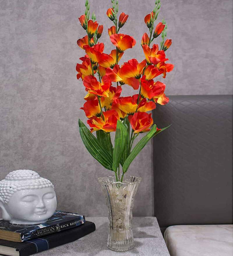Buy Orange Polyester Artificial Gladiolus Flower Bunch Without Pot by