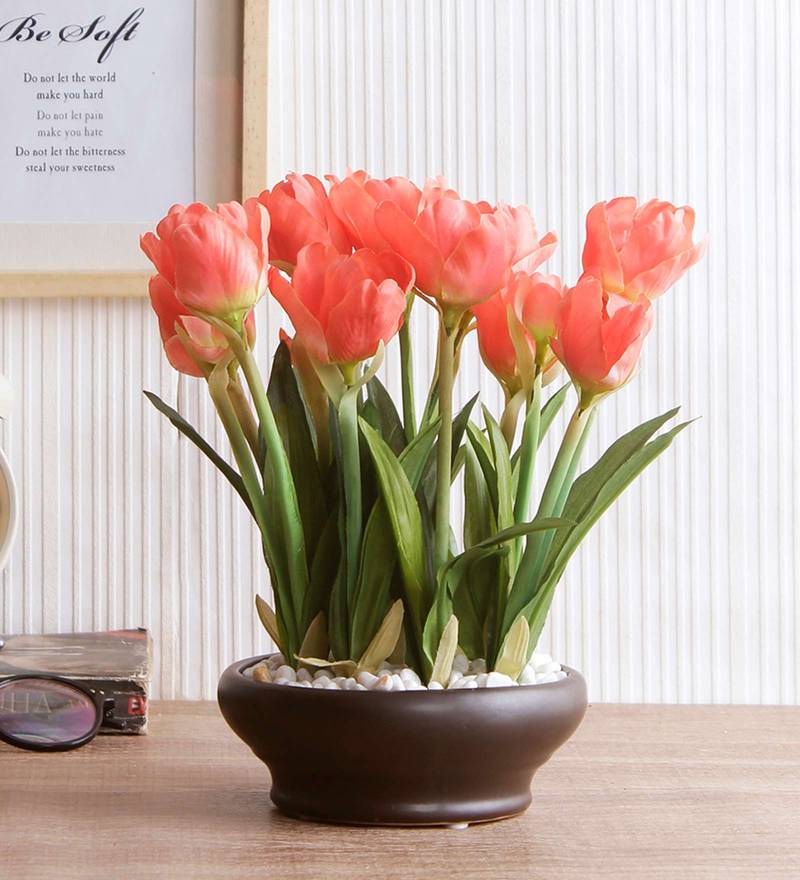 Buy Orange Polyester Tulip Artificial Flower With Ceramic Pot By
