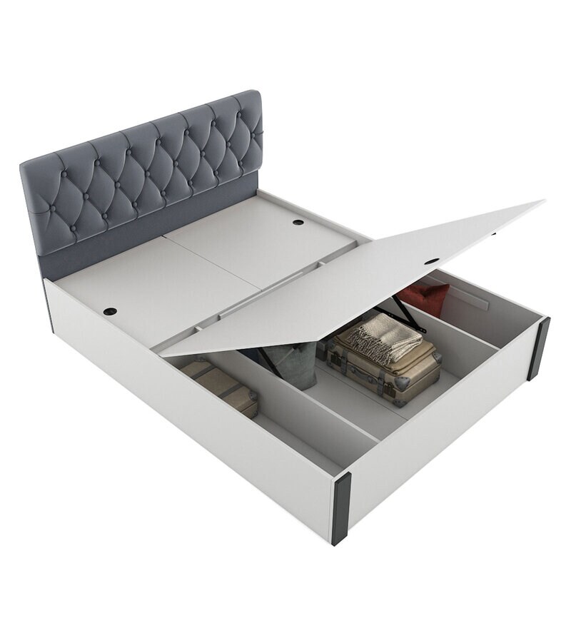 Buy Orbit Queen Size Bed in Frosty White Finish with Hydraulic Storage