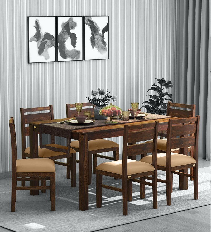 Buy Oriel Solid Wood 6 Seater Dining Set with Cushioned Chairs in