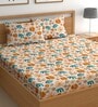 Orange 180 TC Floral Cotton Queen Double Bedsheet 2 Pillow covers
