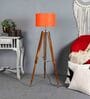 Orange Cotton Shade Tripod Floor Lamp With Teak wood Base
