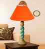 Orange Cotton Table Lamp With  Wood  Base -10X19 Inches