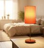 Orange Cylinder Fabric Shade Table Lamp, Brown Wooden Base Bedside & Desk Light for Bedroom, Living Room & Home Decor