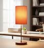 Orange Cylinder Fabric Shade Table Lamp, Brown Wooden Base Bedside & Desk Light for Bedroom, Living Room & Home Decor