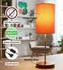 Orange Cylinder Fabric Shade Table Lamp, Brown Wooden Base Bedside & Desk Light for Bedroom, Living Room & Home Decor