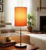 Orange Cylinder Fabric Shade Table Lamp, Brown Wooden Base Bedside & Desk Light for Bedroom, Living Room & Home Decor