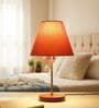 Orange Fabric Shade Table Lamp, Brown Wooden Base Bedside & Desk Light for Bedroom, Living Room & Home Decor