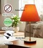 Orange Fabric Shade Table Lamp, Brown Wooden Base Bedside & Desk Light for Bedroom, Living Room & Home Decor