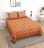 Orange Floral 144 TC Cotton King Bedsheet and 2 Pillow Cover