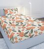 Orange Floral 144 TC Cotton Single Bedsheet with 1 Pillow Cover