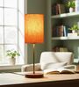 Orange Texture Cylinder Fabric Shade Table Lamp, Brown Wooden Base Bedside & Desk Light for Bedroom, Living Room & Home Decor