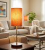 Orange Texture Cylinder Fabric Shade Table Lamp, Brown Wooden Base Bedside & Desk Light for Bedroom, Living Room & Home Decor