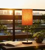 Orange Texture Cylinder Fabric Shade Table Lamp, Brown Wooden Base Bedside & Desk Light for Bedroom, Living Room & Home Decor