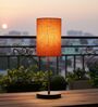 Orange Texture Cylinder Fabric Shade with Modern Silver & Black Table Lamp for Bedroom & Living Room