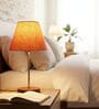 Orange Texture Fabric Shade Table Lamp, Brown Wooden Base Bedside & Desk Light for Bedroom, Living Room & Home Decor