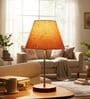 Orange Texture Fabric Shade Table Lamp, Brown Wooden Base Bedside & Desk Light for Bedroom, Living Room & Home Decor
