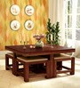 Oriel Sheesham Wood Nesting Coffee Table Set in Honey Oak Finish With Cushioned Stools