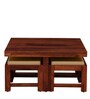 Oriel Sheesham Wood Nesting Coffee Table Set in Honey Oak Finish With Cushioned Stools