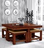 Oriel Sheesham Wood Nesting Coffee Table Set in Honey Oak Finish With Cushioned Stools