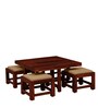 Oriel Sheesham Wood Nesting Coffee Table Set in Honey Oak Finish With Cushioned Stools