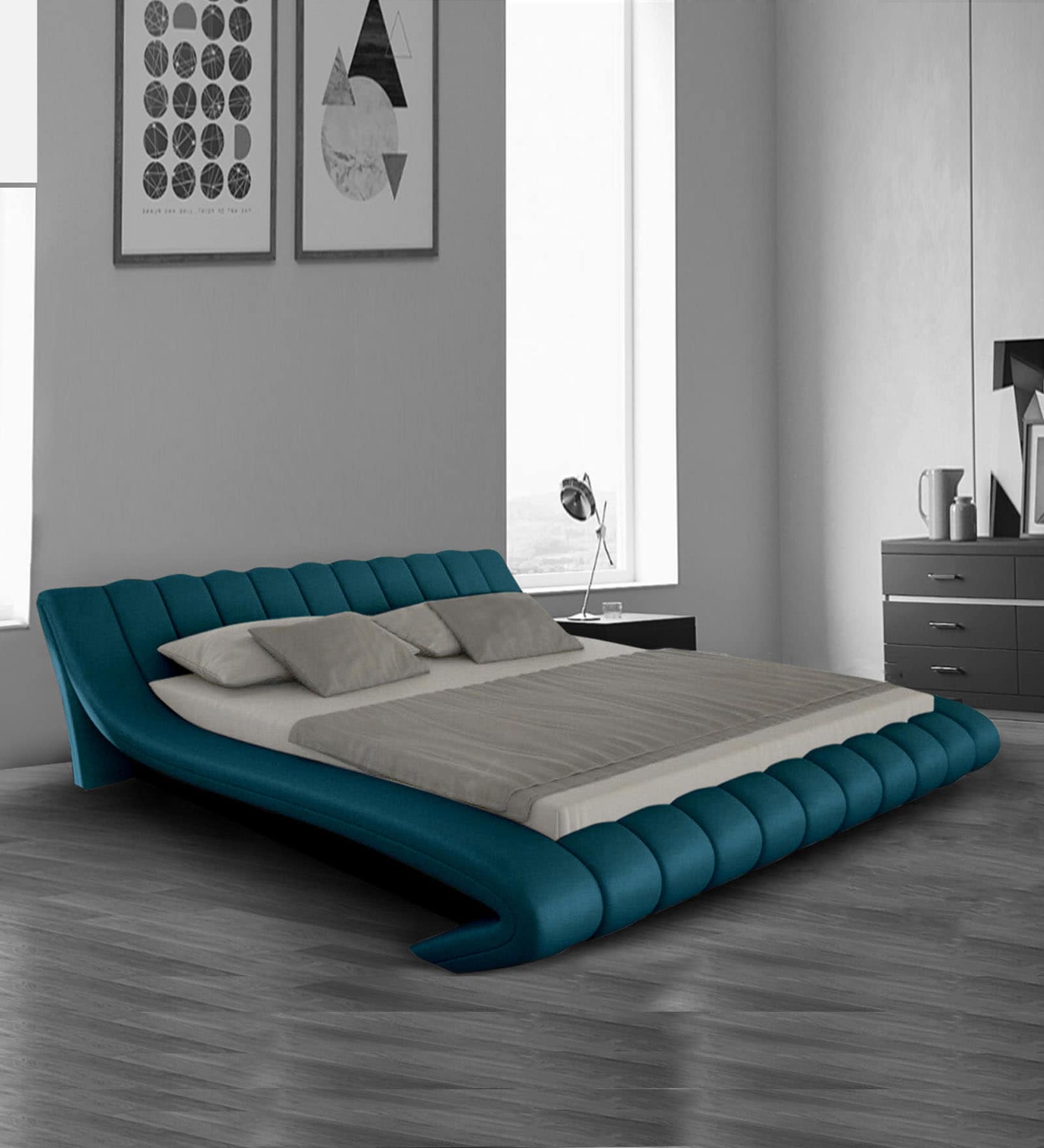 Buy Oscar Leatherette Upholstered King Size Bed in Blue Colour at 49