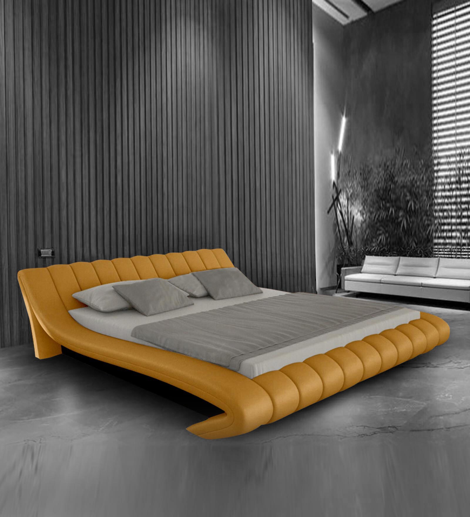 Oscar Leatherette Upholstered King Size Bed in Chrome Yellow Colour