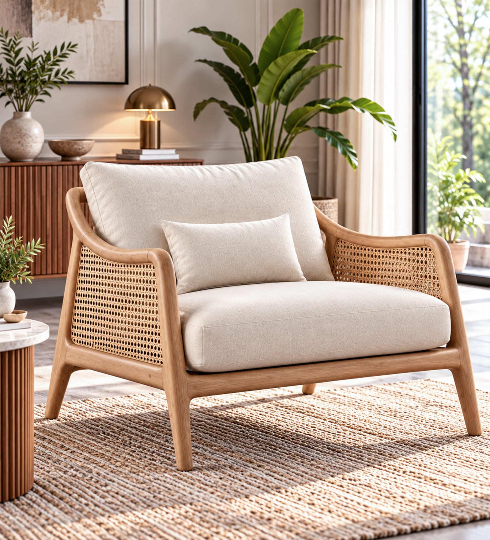 Oslo Handwoven Natural Cane Accent Chair With Upholstered Fabric