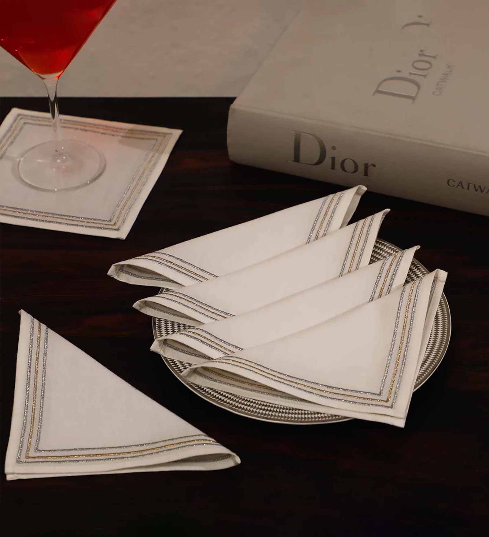 White & Gold 6x 6 Inches Cotton Striped Border (Set of 6) Napkins