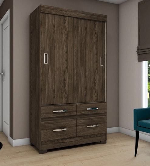 Buy Oshima 2 Door Sliding Wardrobe With 4 Drawers In Mocha Finish