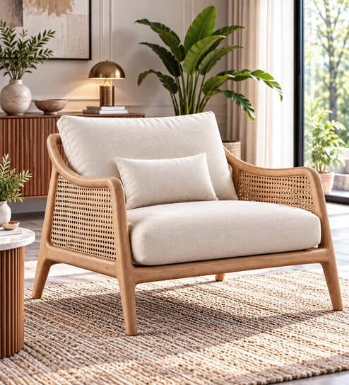 Oslo Handwoven Natural Cane Accent Chair With Upholstered Fabric Oslo Handwoven Natural Cane Accent Chair With Upholstered Fabric