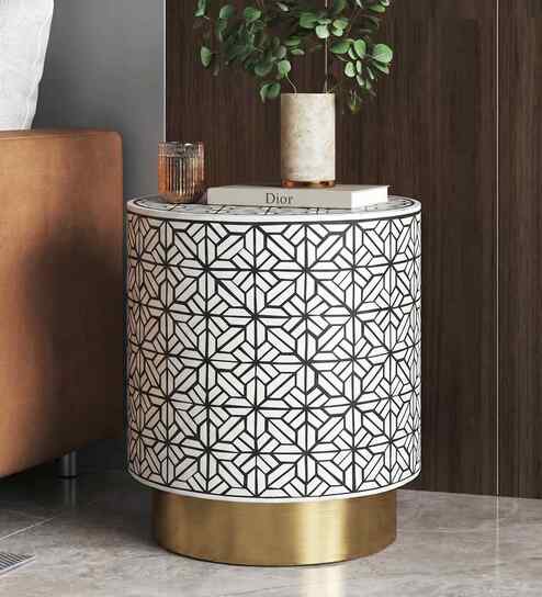 Ossein Moroccan Resin Inlay Side Table With White And Gold Colour