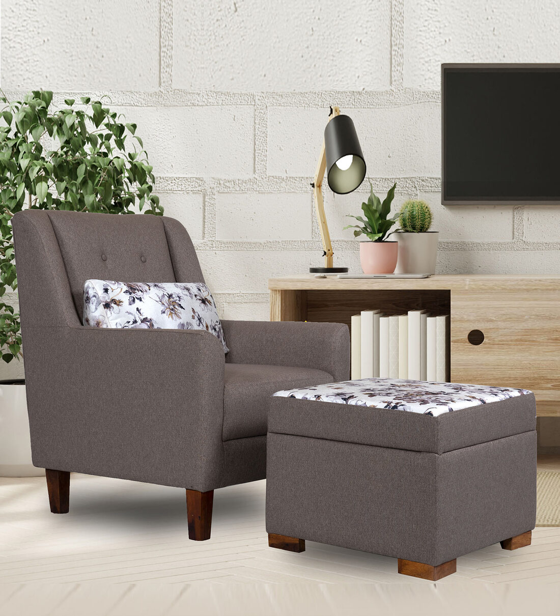 Buy Otis Fabric Lounge Chair in Light Brown Colour with Foot Stool at
