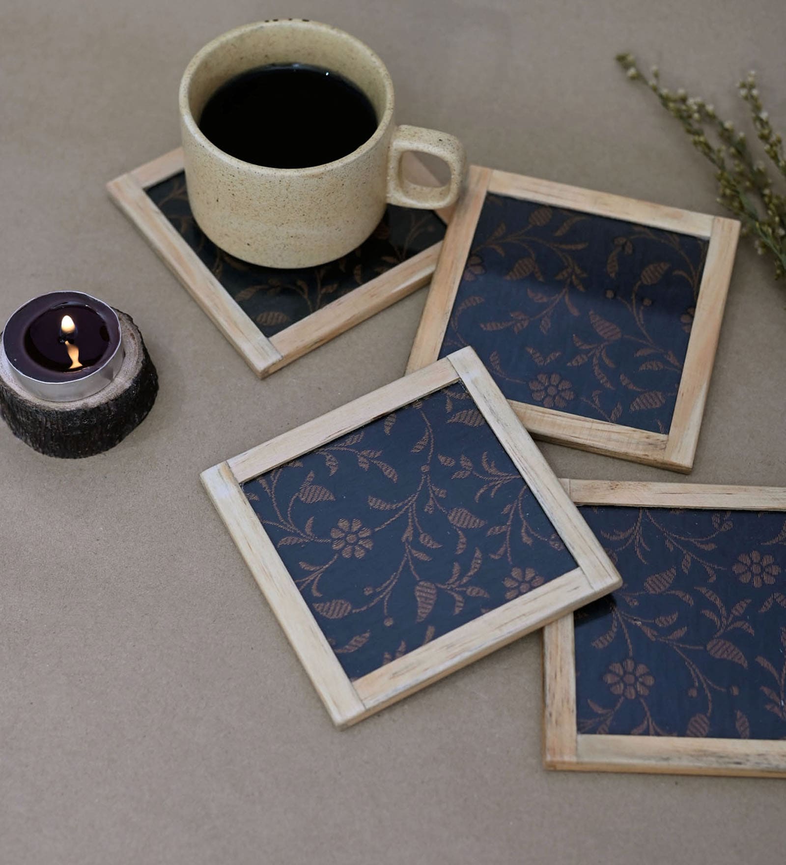 Otir Black  Blended Silk 4 Pcs Coasters