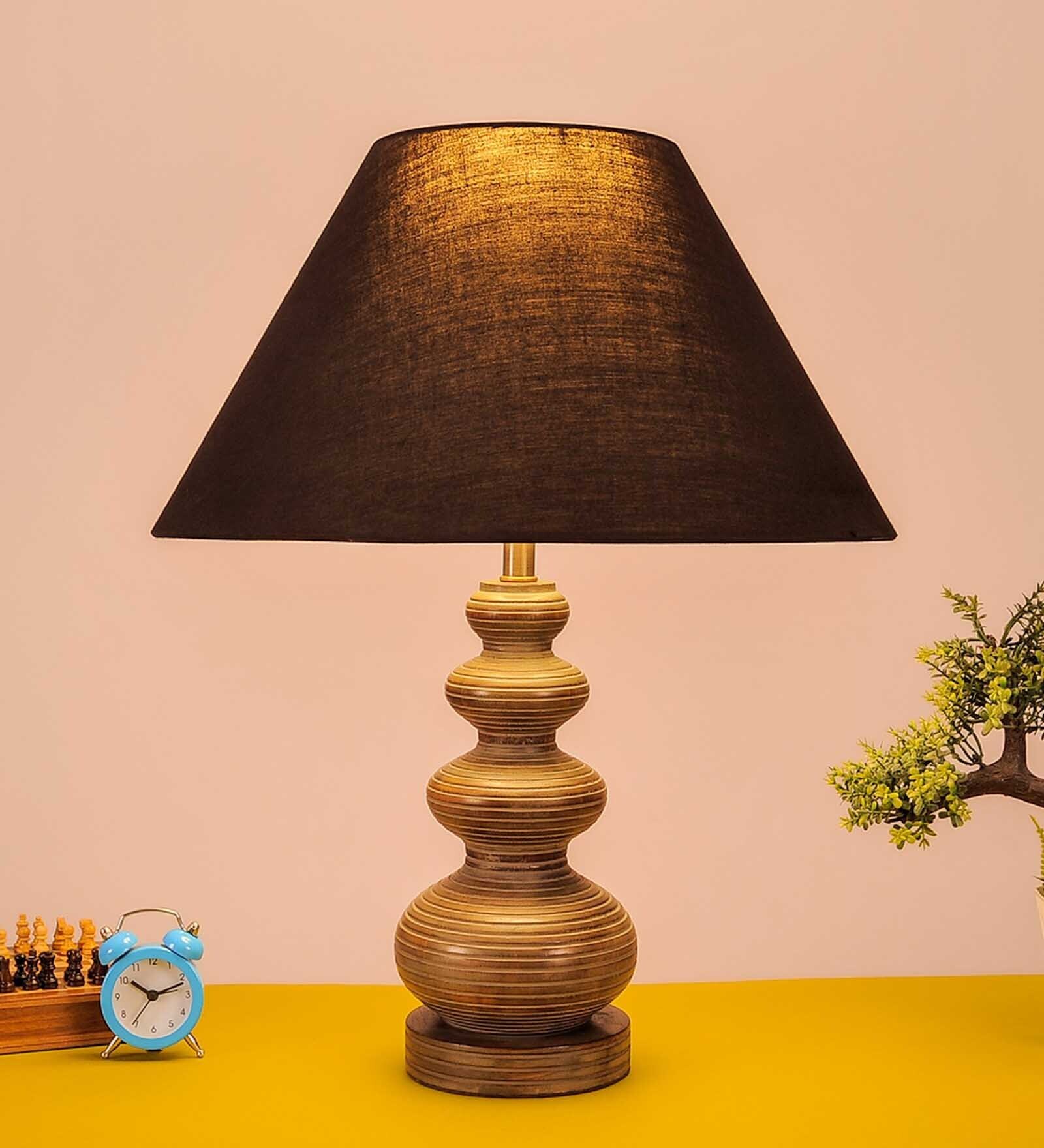 Danica Beige Cotton Fabric Shade Night Lamp With Wood Base