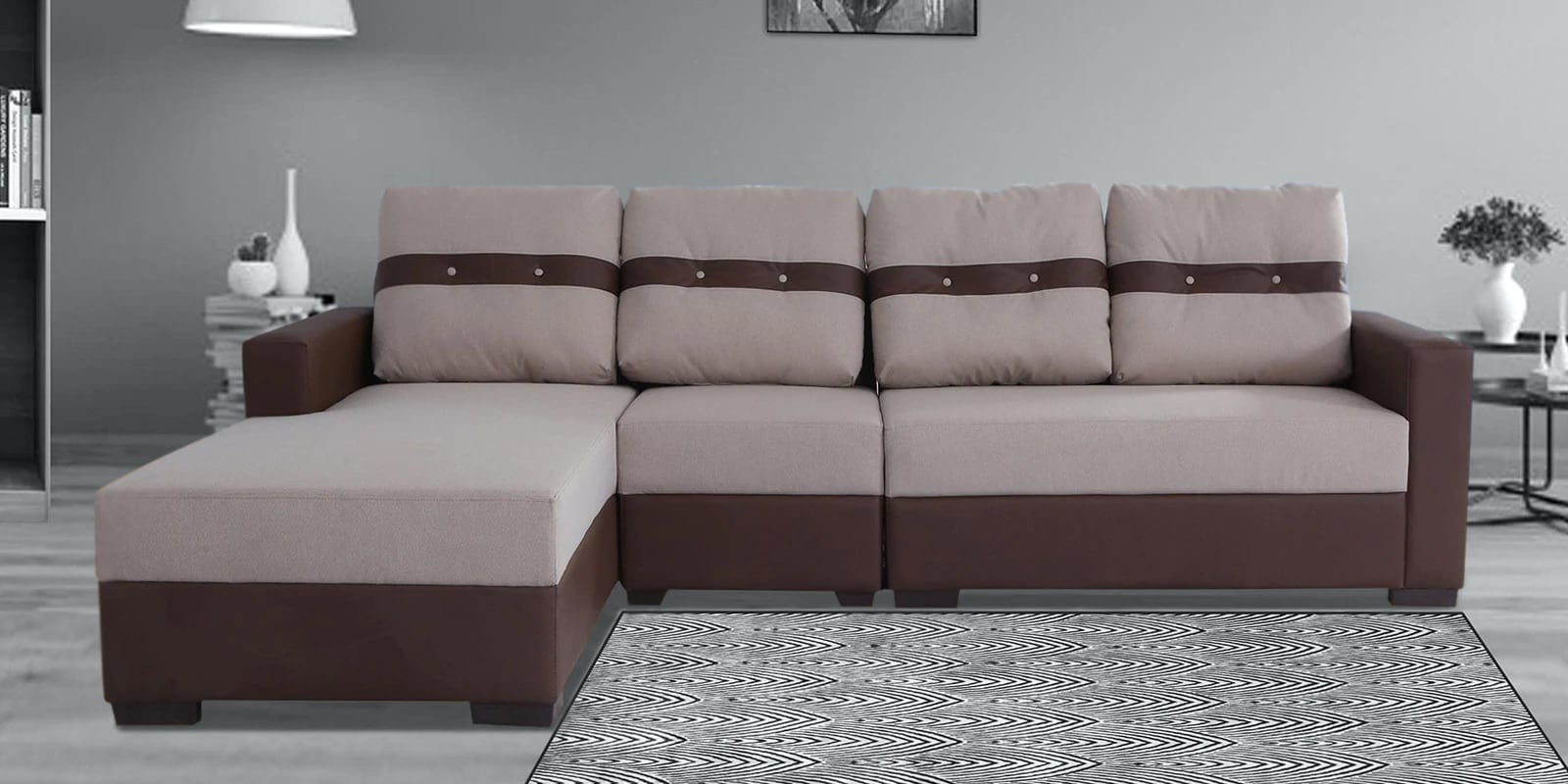 Ottawa 3 Seater RHS Sectional Sofa in Beige & Brown Colour