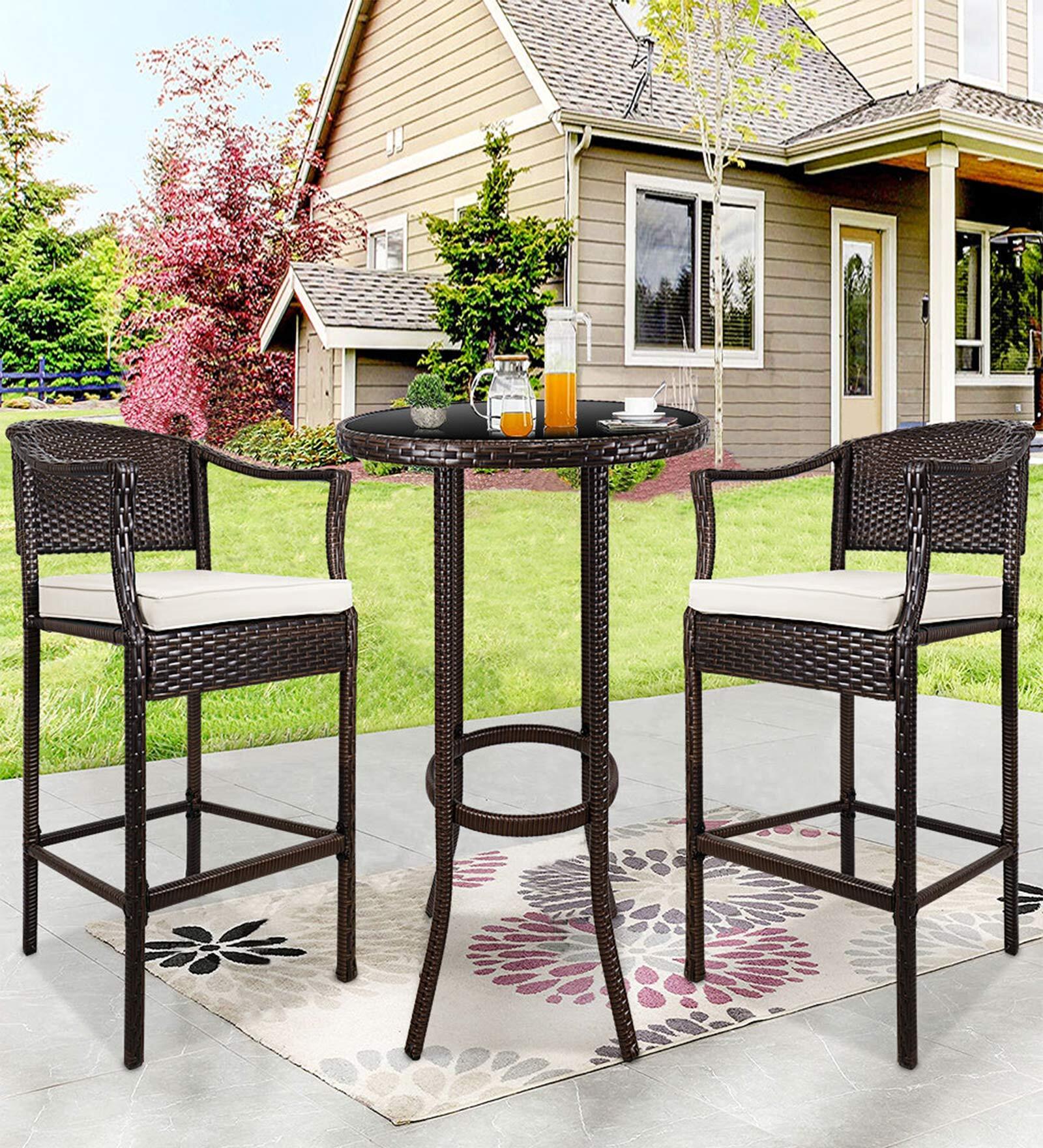 Buy Outdoor Bar Chair & Table Set with White Cushion in Brown Colour by