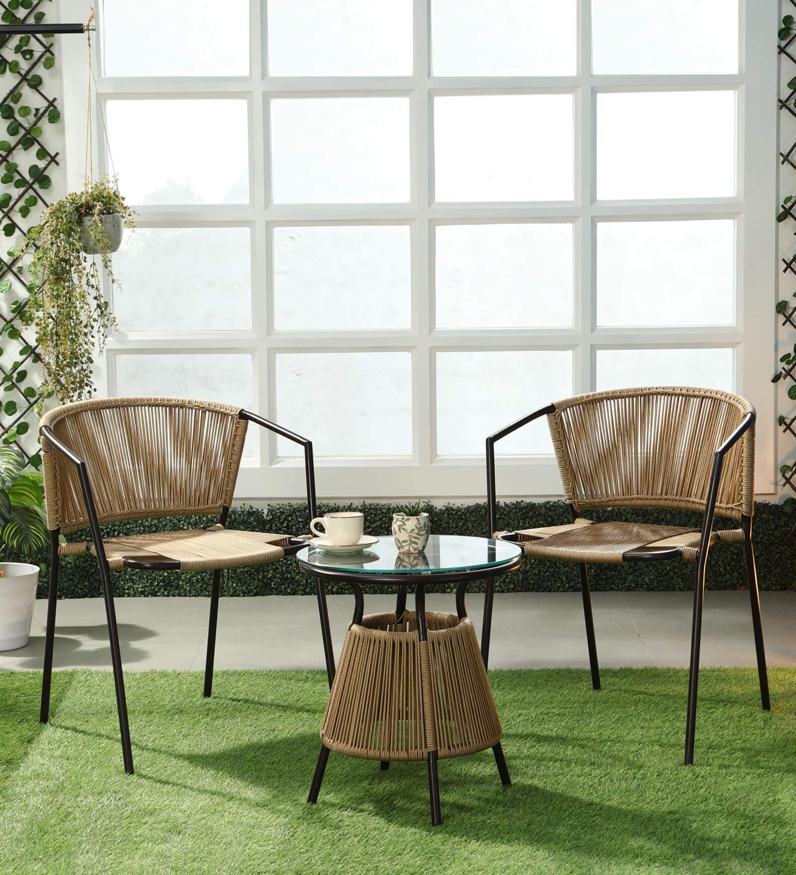 Buy Outdoor Wicker Table and Chair Set in Beige & Brown Finish with 2 Chairs by Advent ...