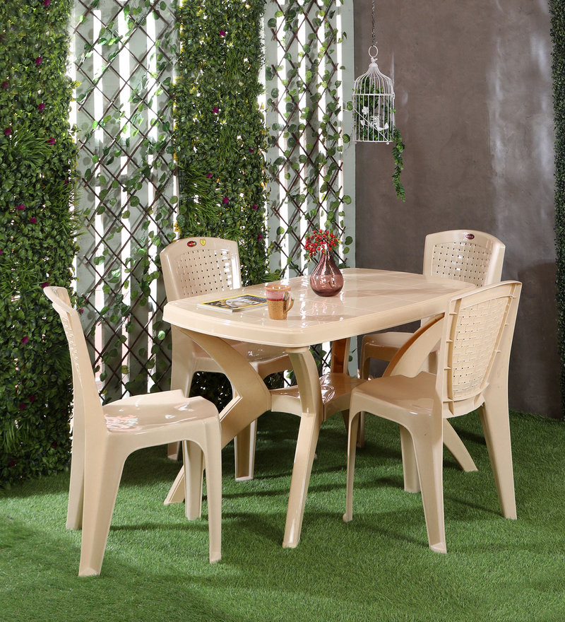 Buy Outdoor Plastic Table and Chair Set in Beige with 4 Chairs by Prima